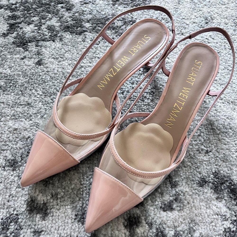 Stuart Weitzman Mondrian Patent Leather Slingbacks, size 7, kitten heels, nude